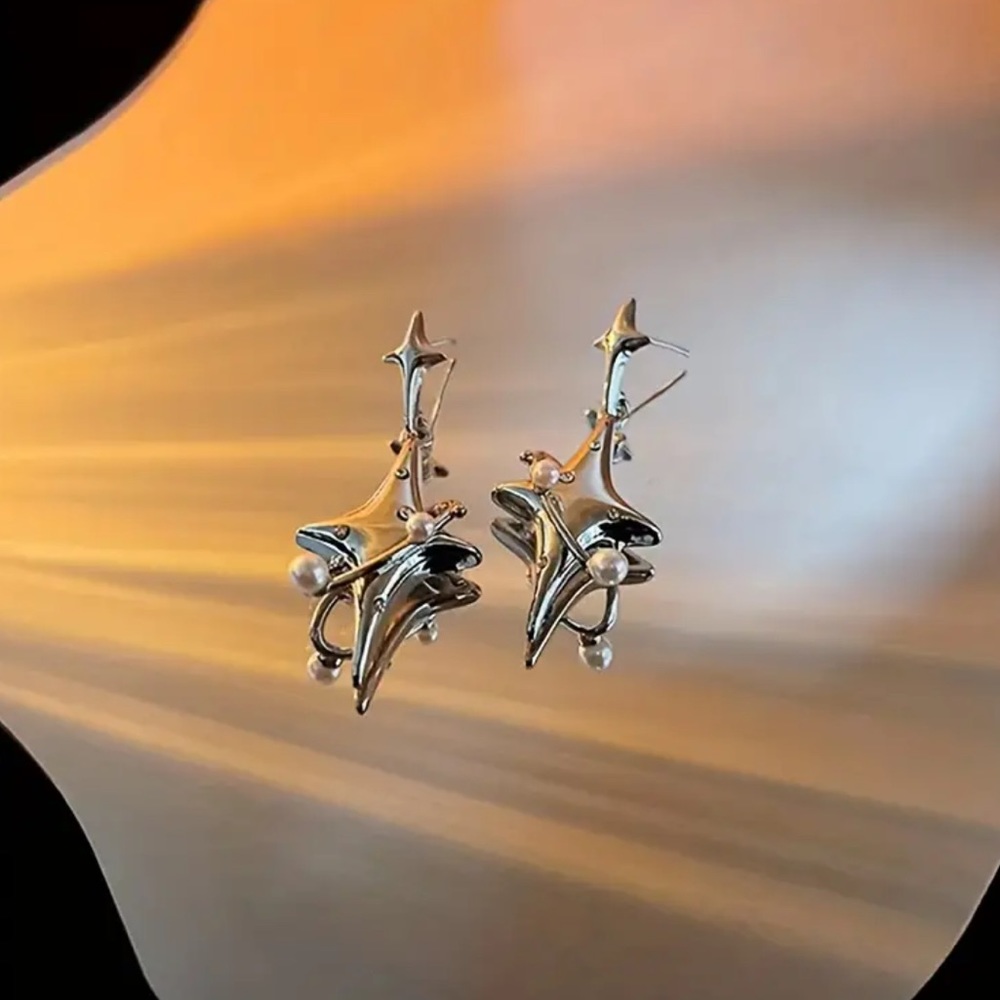 (3for$10) Silver Tone Y2K Star Faux Pearl Earrings S925 Silver Tips